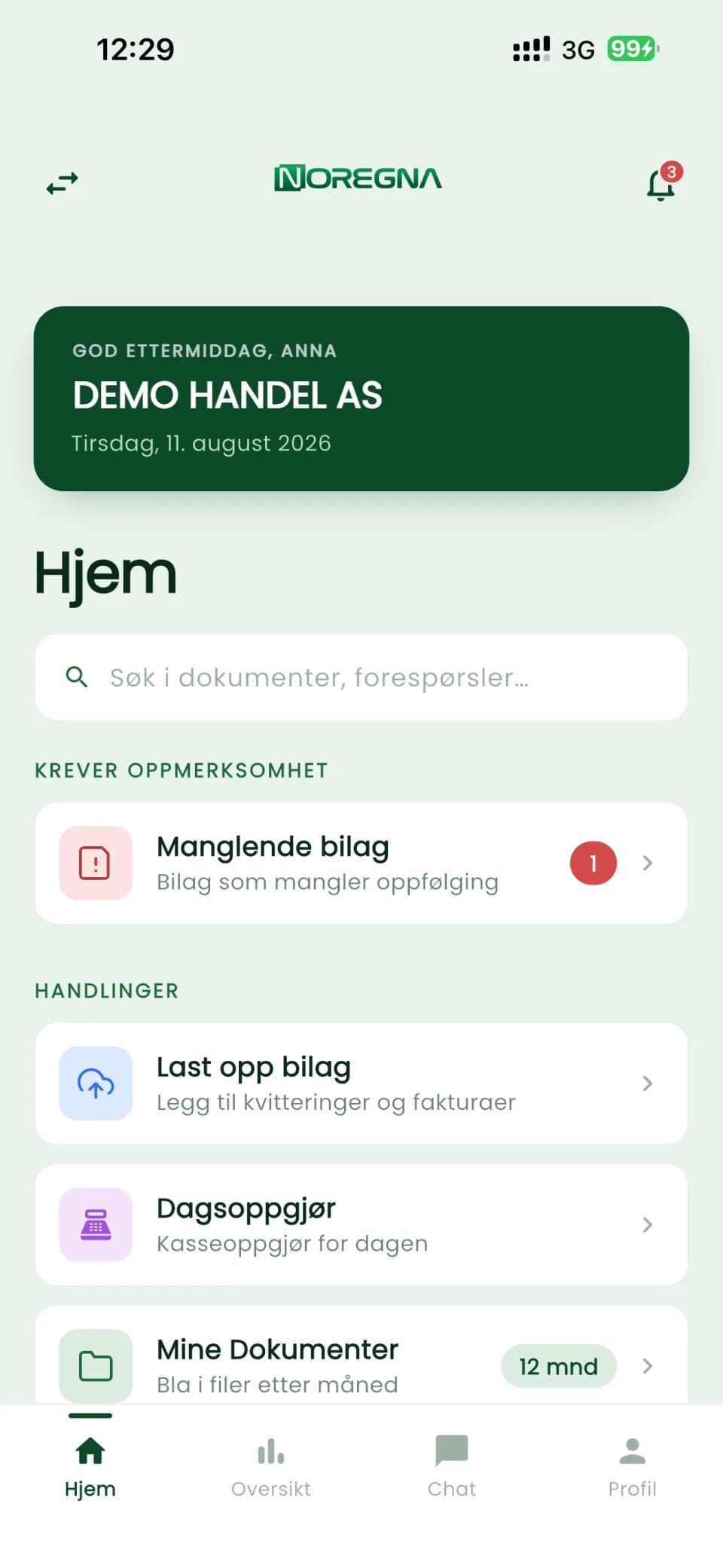 The Home screen of the Noregna Client Portal, with a missing-receipts alert and shortcuts to upload, daily settlement and documents
