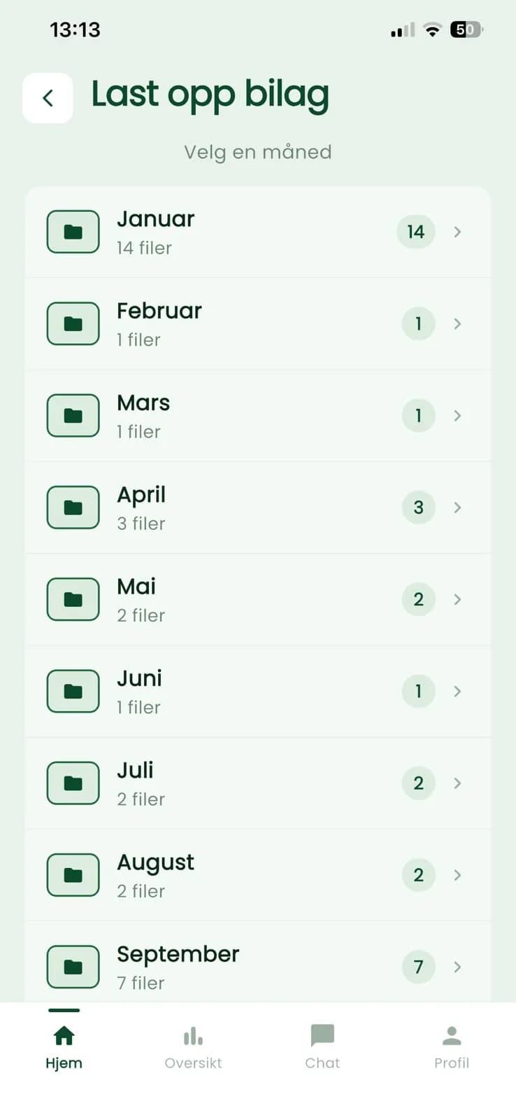 Upload receipts: pick a month, with the number of files per month