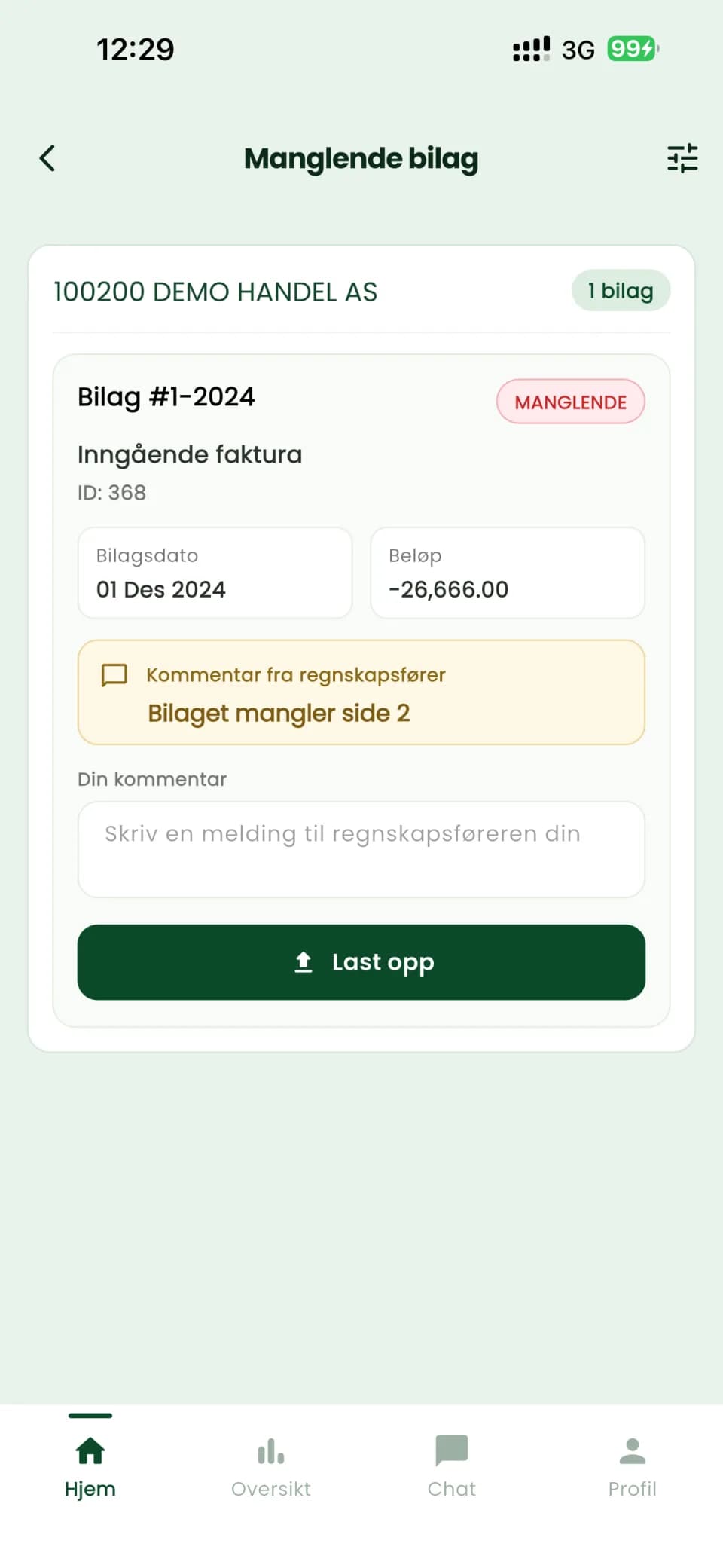 The Missing receipts screen, with the accountant's comment and an upload button