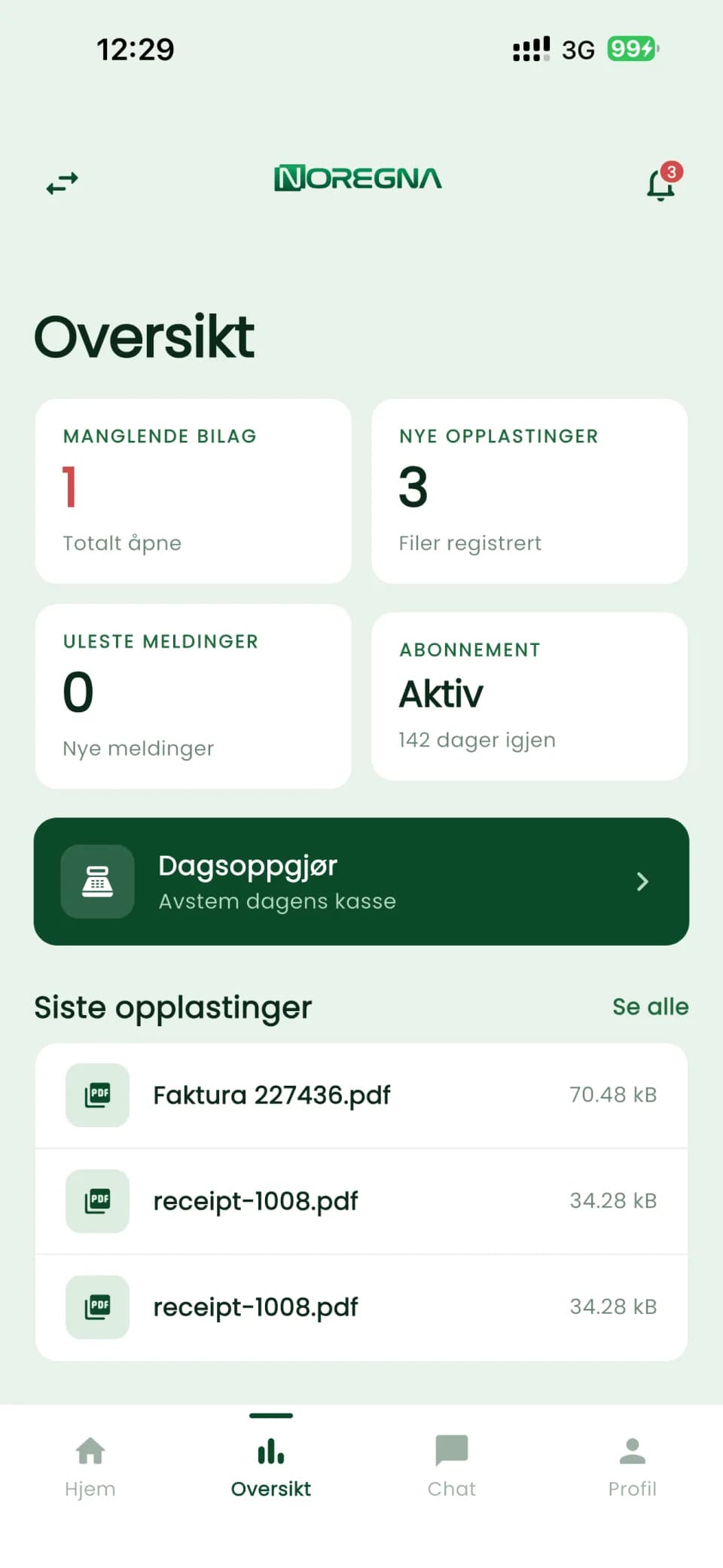 The Overview screen with key figures for missing receipts, new uploads, unread messages and subscription