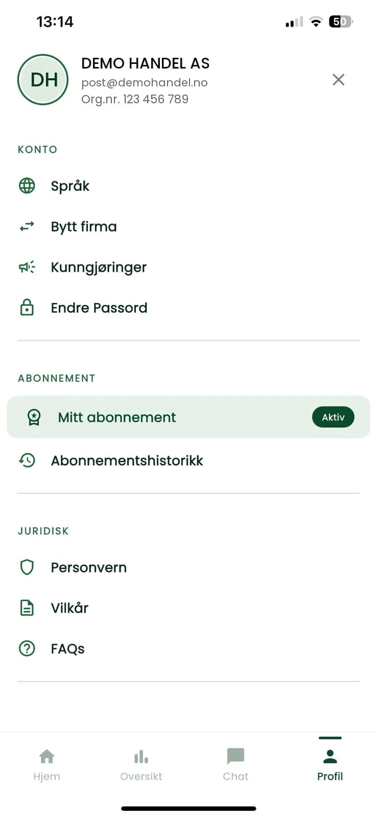 Profile with account, subscription and legal information